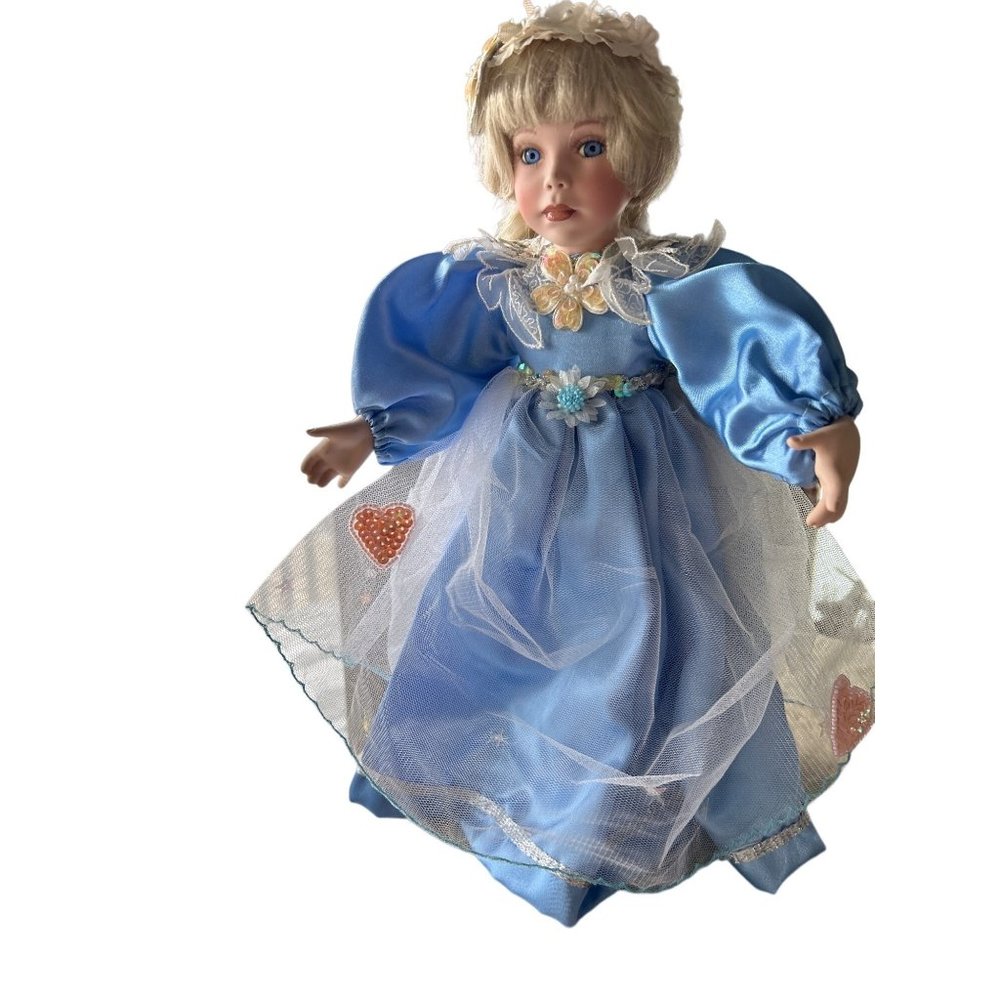 Vintage Porcelain Doll, Blue‎ Satin Dress, 14 Inches Tall - Doll Stand Included